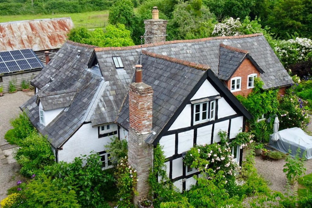 Quaint cottage surrounded by greenery